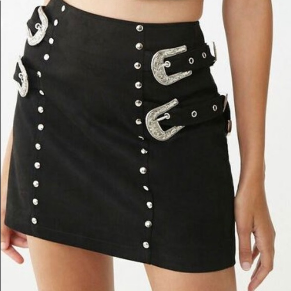 NWOT Forever 21 Studded Black Mini Skirt with Adjustable Belts